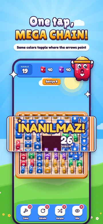 Game screen: a 26-tile chain and the word "Amazing!"