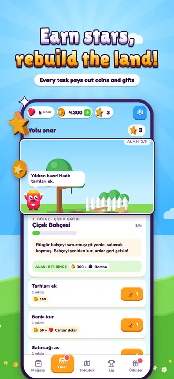 Rebuild screen: a farmhouse rebuilt with stars, and tasks