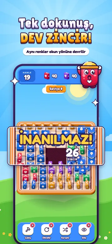 Oyun ekranı: 26 taşlık zincir ve "İnanılmaz!" yazısı